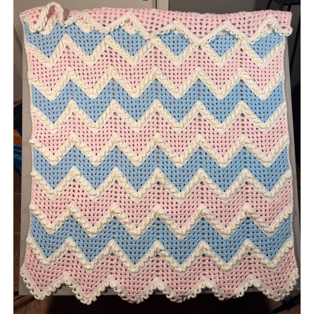 Homemade Crochet Blanket - Pink White Blue 4 Ft x 5 1/2 Ft Very Good Condition